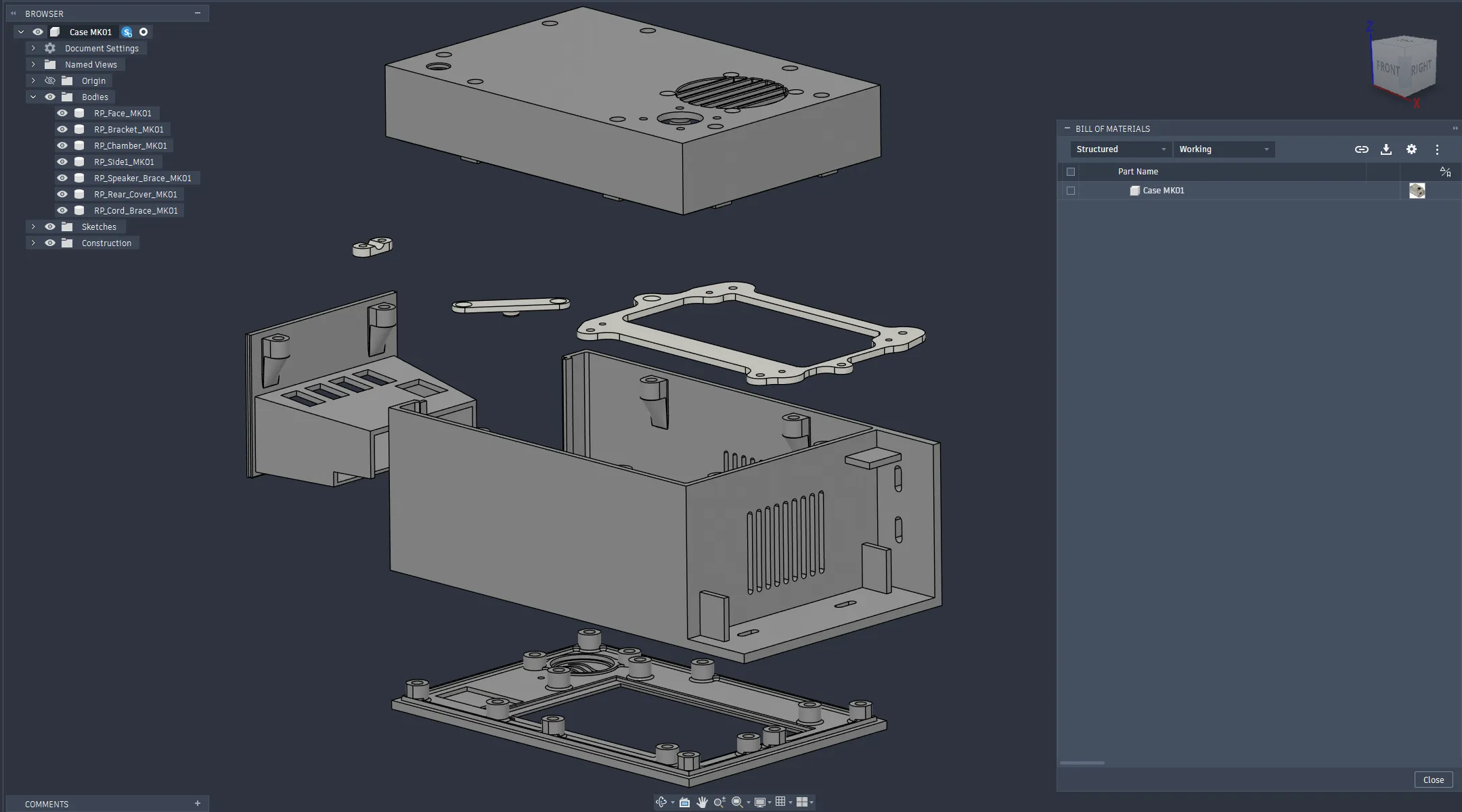 Fusion with the case design open: seven bodies in the browser, and a bill of materials with one line, Case MK01