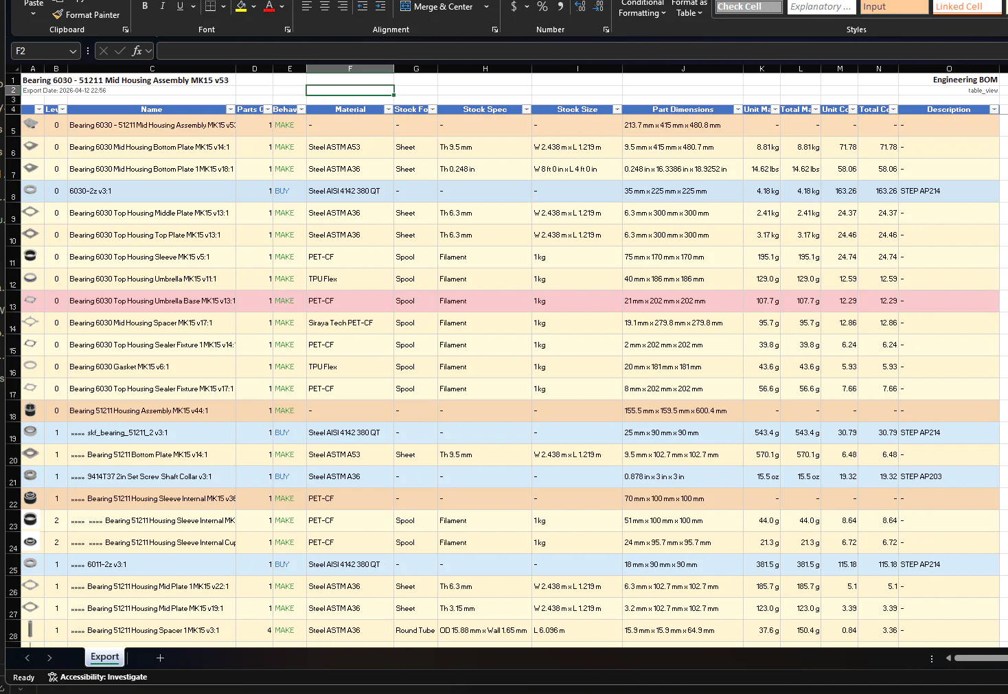 IntelliBOM Engineering BOM export — clean hierarchy, thumbnails, colour-tagged MAKE/BUY