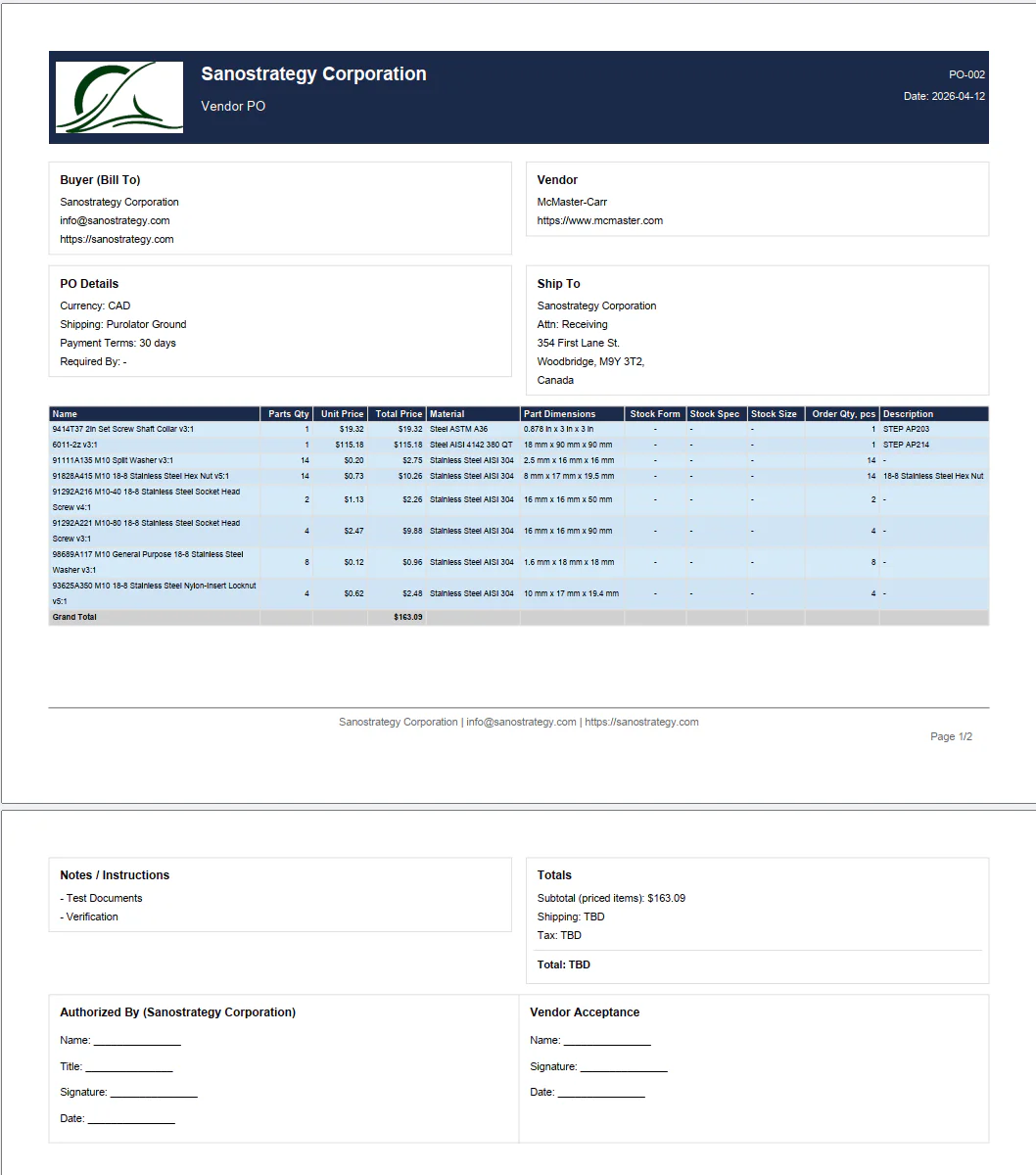 IntelliBOM Vendor Purchase Order PDF — split by vendor, product deep links, consolidated stock